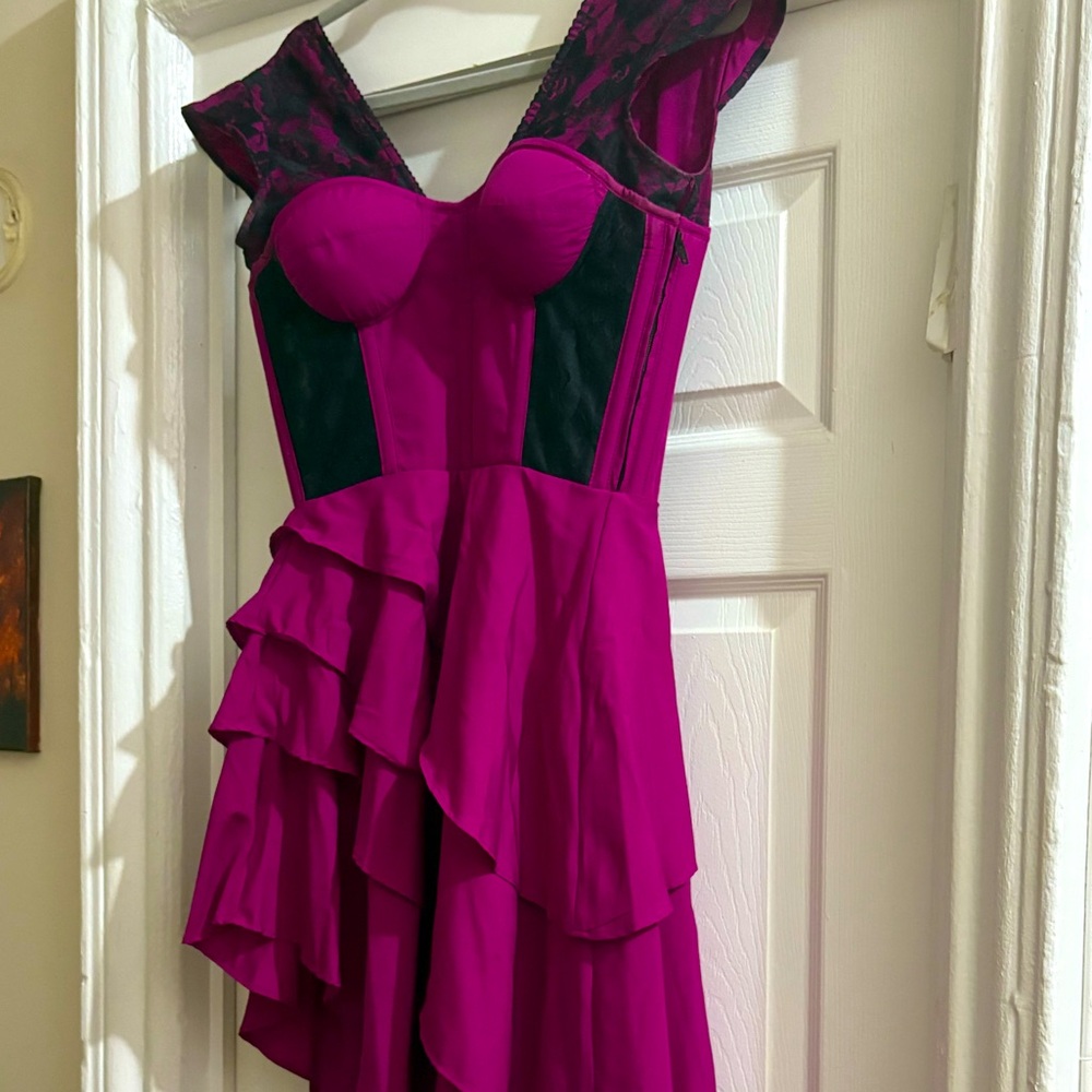 Corset Dress deep Magenta asymmetrical ruffled hem!